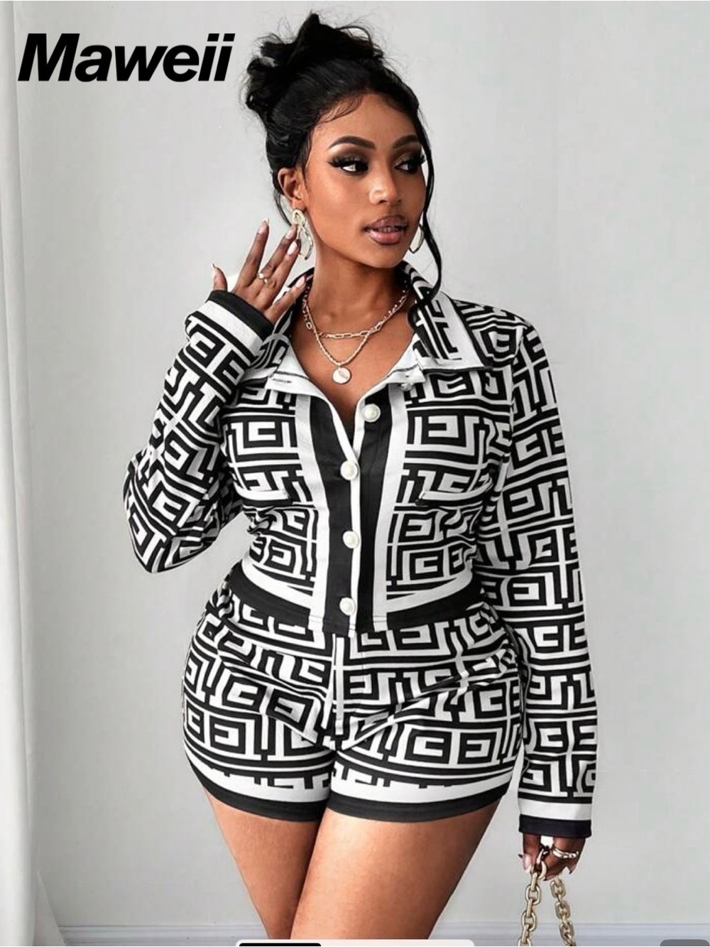 SHEIN Black and White Geometric Button-Up Women’s Shorts Set